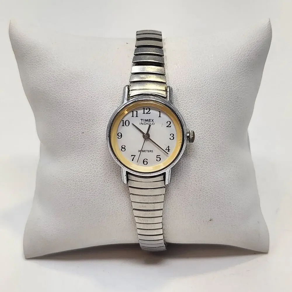Timex Indiglo Ladies Stretch Band Watch Wristwatch Silver tone White Dial Works